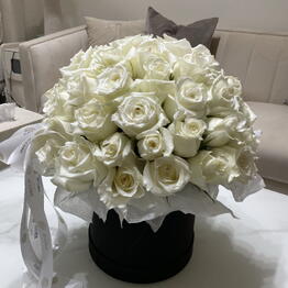 White Roses in Hat Box | Elegant Anniversary and Sympathy Flowers | Luxury White Flower Arrangement