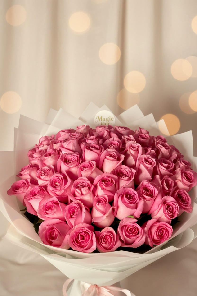 55 Pink Roses Bouquet | Romantic Birthday and Anniversary Flowers | Elegant White Wrapping