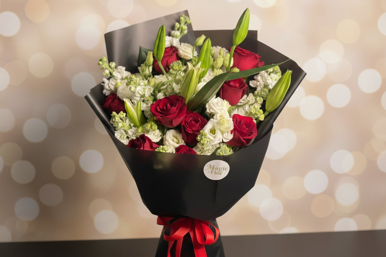 Midnight Elegance Bouquet | Red and White Flowers | Facing Style Bouquet