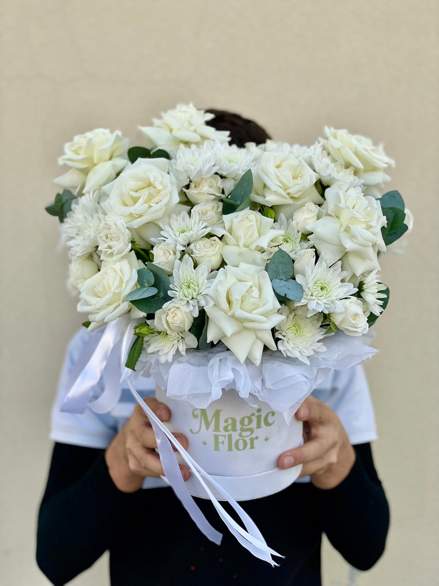 White Roses and Chrysanthemum Flower Box | Elegant Birthday and Sympathy Flowers | Luxury White Arrangement