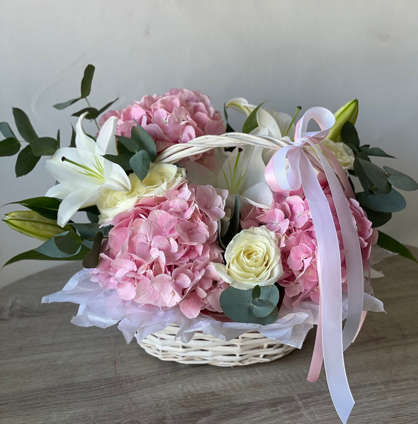 Pink Hydrangeas and White Lilies Basket | Elegant Birthday and Anniversary Flowers | White Roses Arrangement