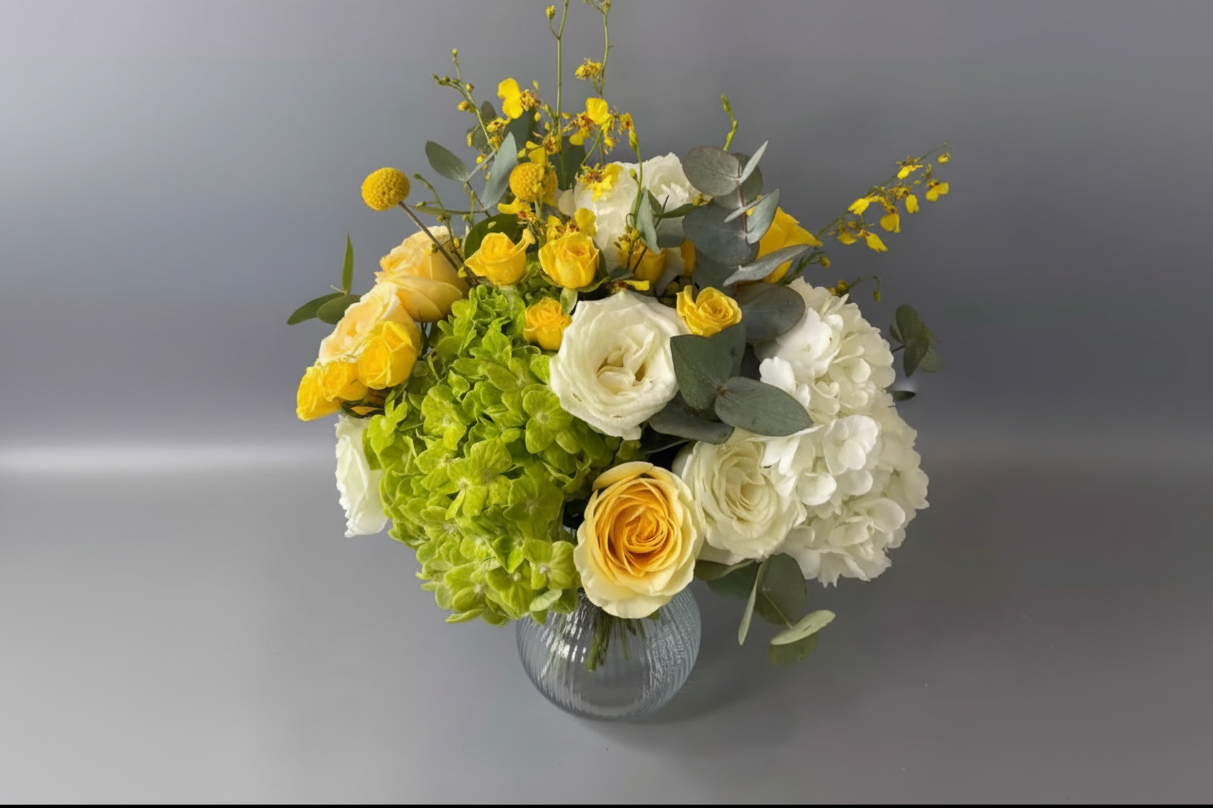 Summer Hydrangea Arrangement | Yellow and White Roses in Vase | Elegant Home and Birthday Flowers