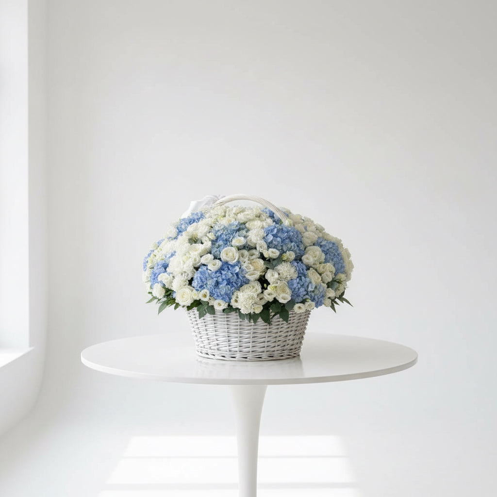 Hydrangea Blue and White Flowers Basket | Eustoma white | White and Blue flowers composition