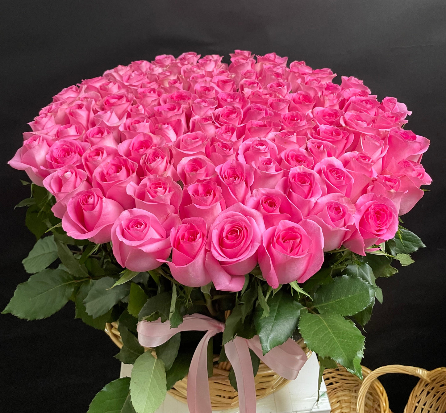 101 Pink Roses Basket | Romantic Anniversary and Birthday Flowers | Round Wooden Arrangement