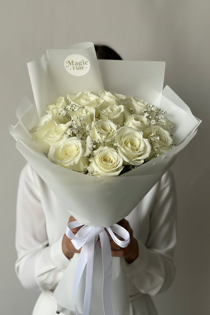 15 White Roses Bouquet | Gypsophila Wedding Anniversary Flowers | Elegant White Wrapping