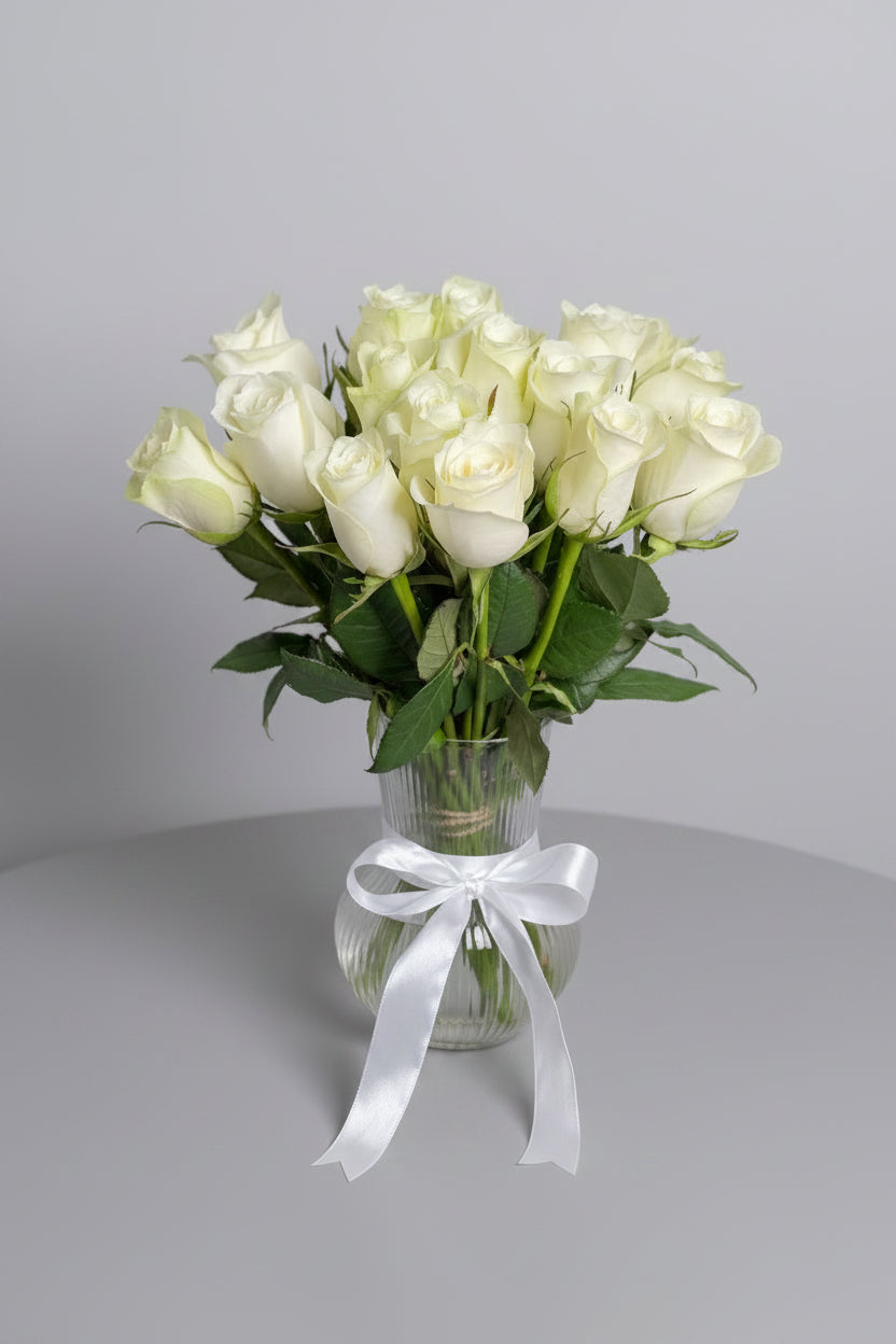 15 White Roses in Glass Vase | Elegant Home Office Flower Arrangement | Fresh Roses