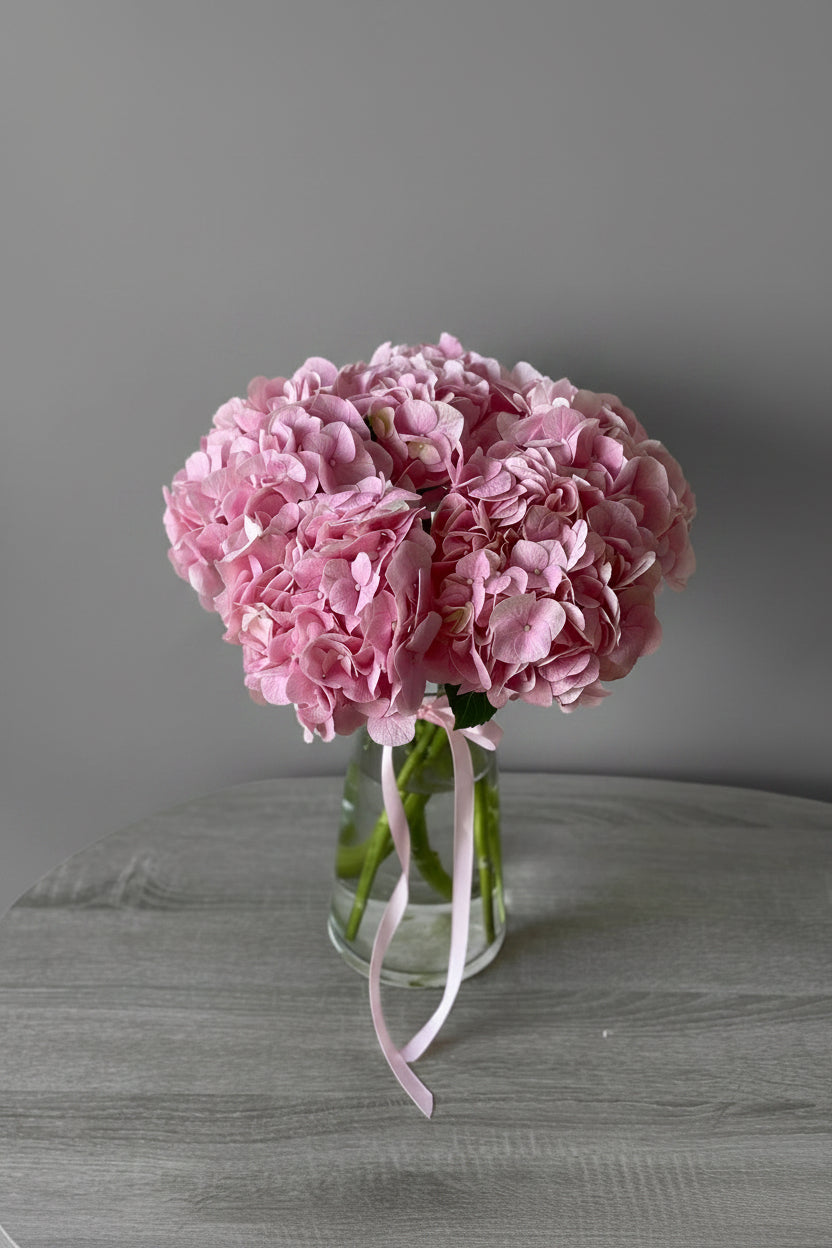 5 Pink Hydrangeas in Glass Vase | Elegant Birthday Home Decor Flowers | Luxury Floral Arrangement