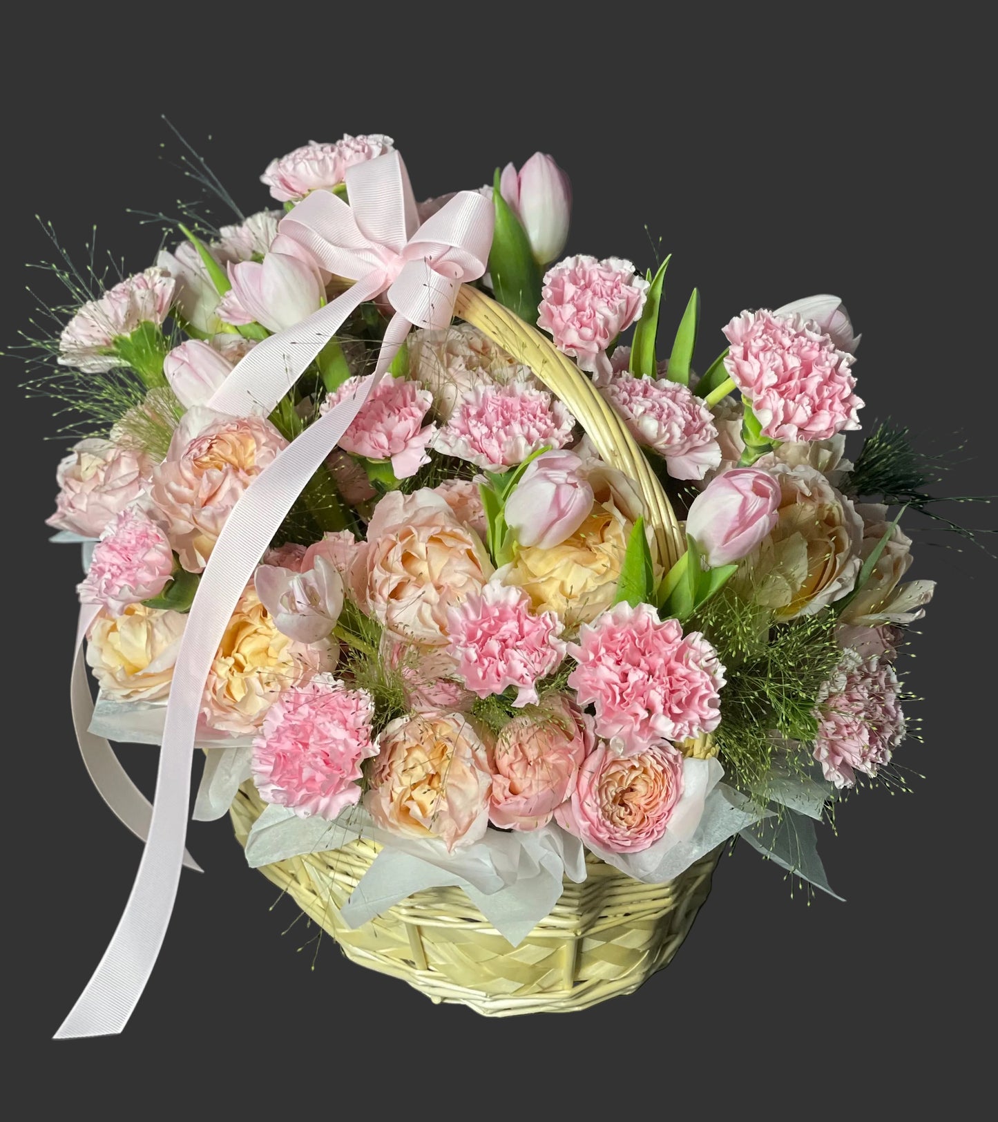 Pink Tulips & Juliata Flower Basket | Romantic Birthday Celebration Flowers | Soft Pastel Garden Arrangement