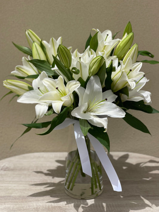 White Lilies in Glass Vase | Elegant Home & Sympathy Flower Arrangement | Luxury Fresh Lilies