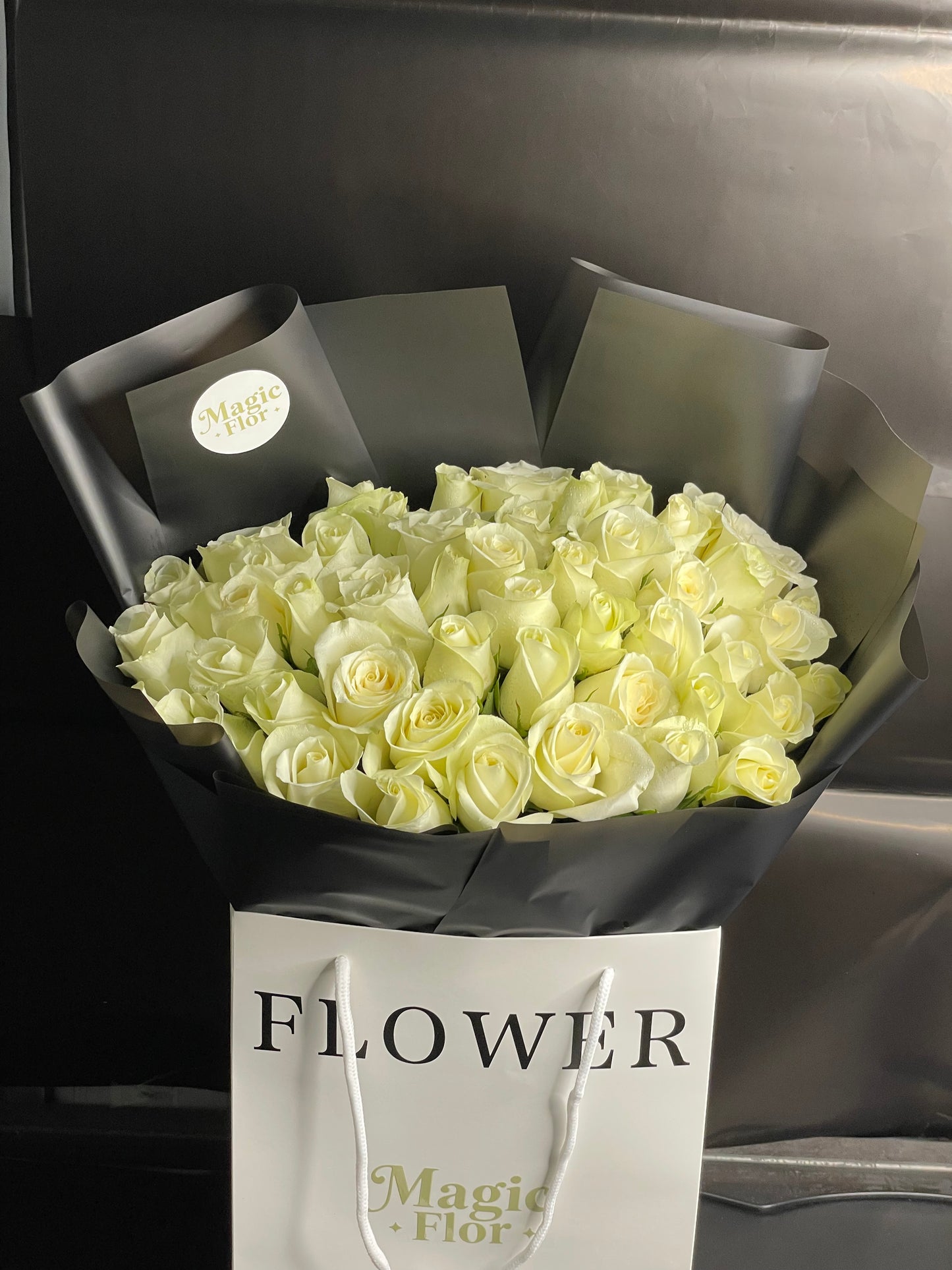 51 White Roses Bouquet in Black| Elegant Anniversary and Wedding Flowers