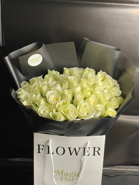 51 White Roses Bouquet in Black| Elegant Anniversary and Wedding Flowers