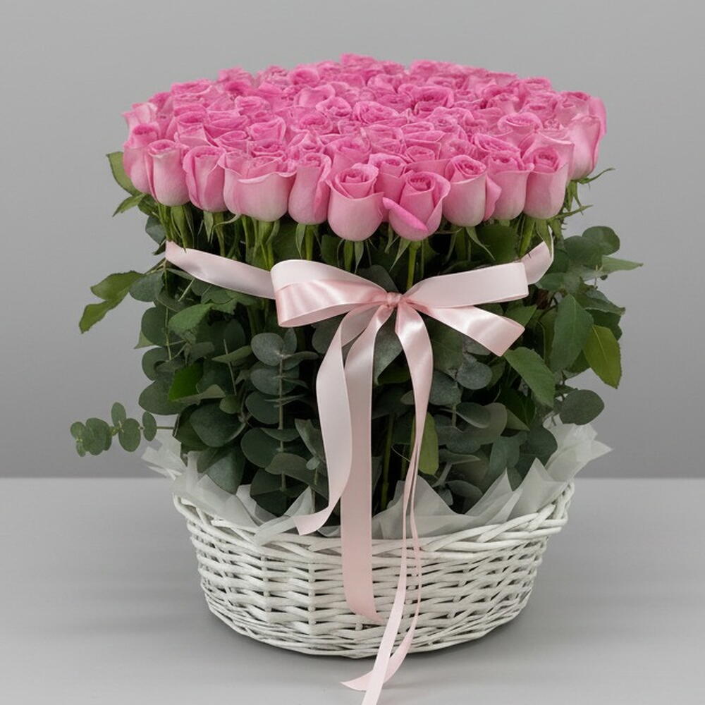 101 Pink Roses Basket | Romantic Anniversary and Birthday Flowers | Round Wooden Arrangement