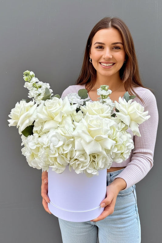 White Hydrangea   Reflexed Roses Box | Elegant Anniversary   Sympathy Flowers | White Mathiola Arrangement