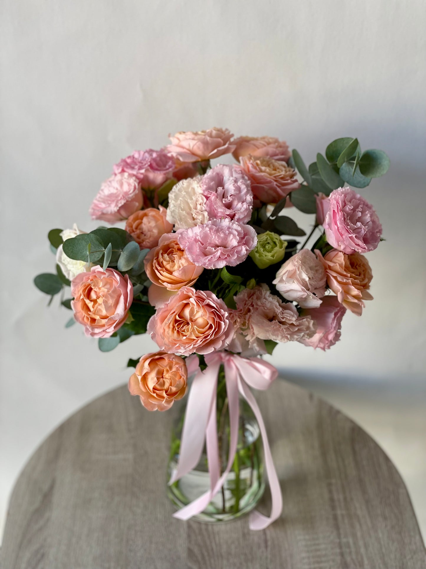 Flowers in Glass Vase - Eustoma and Juliata with leaves