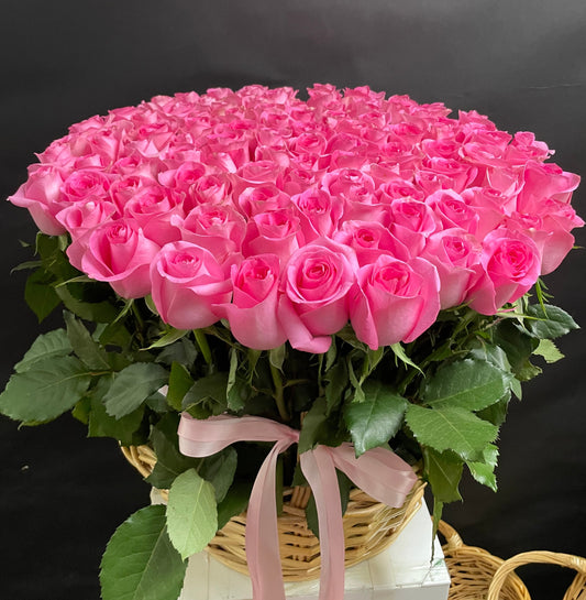 101 Pink Roses Basket | Romantic Anniversary and Birthday Flowers | Round Wooden Arrangement