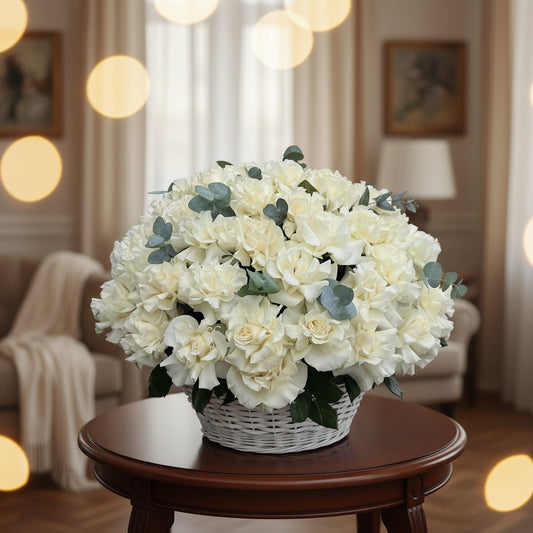 Basket Moonwalk | White Moonstone Roses | White Flowers in Basket |