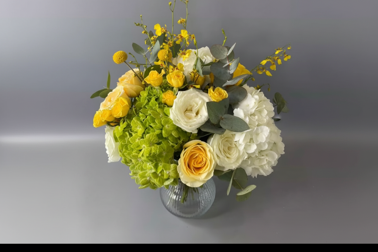 Summer Hydrangea Arrangement | Yellow and White Roses in Vase | Elegant Home and Birthday Flowers