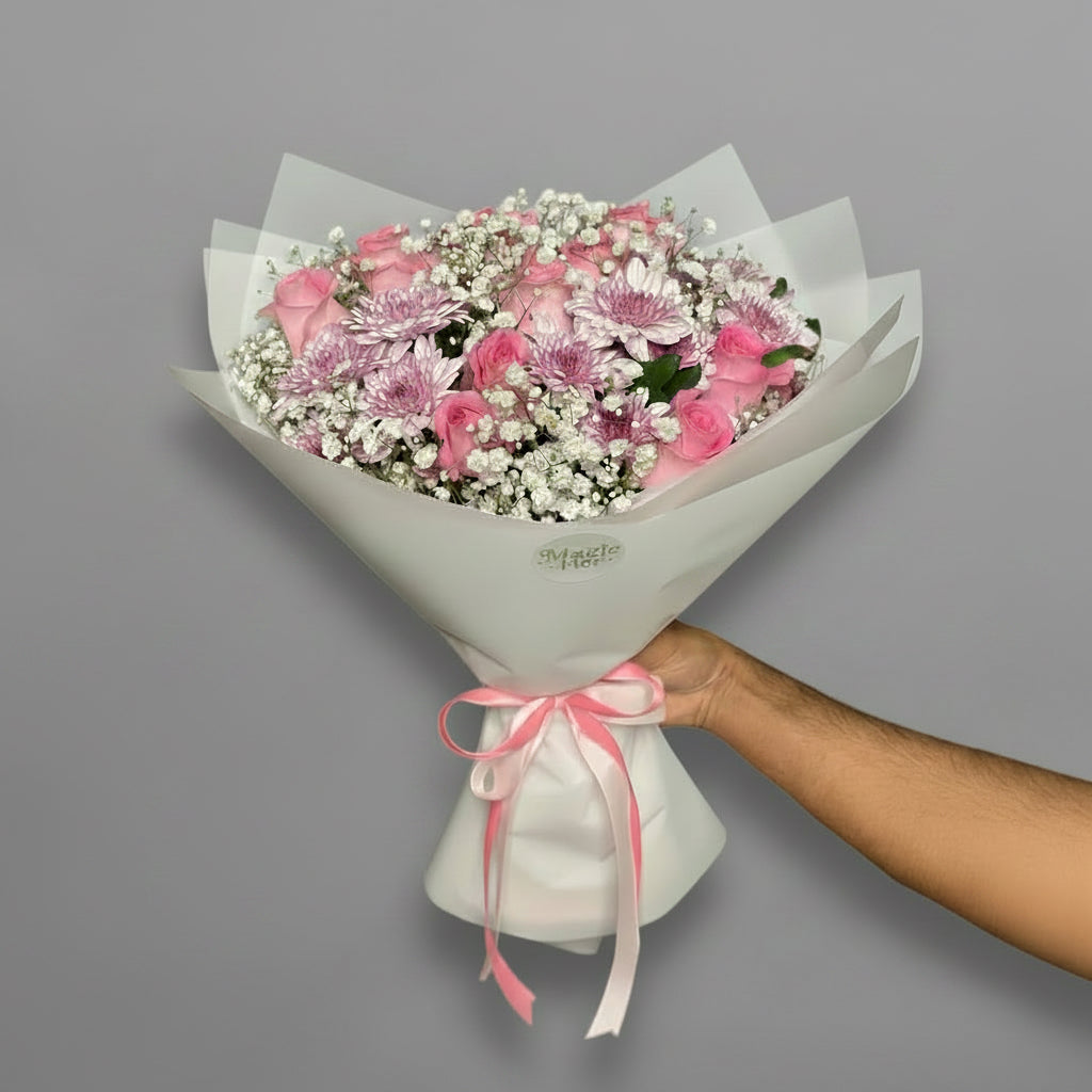 Pink Roses Hand Bouquet | Gypsophila | Chrysanthemum Birthday Flowers | Elegant Wrapped Bouquet