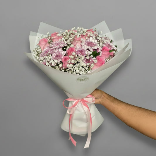 Pink Roses Hand Bouquet | Gypsophila | Chrysanthemum Birthday Flowers | Elegant Wrapped Bouquet
