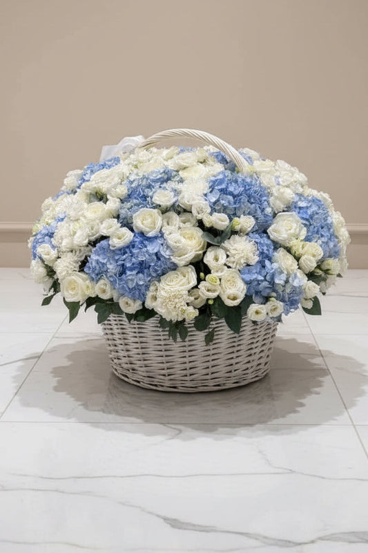 Hydrangea Blue and White Flowers Basket | Eustoma white | White and Blue flowers composition