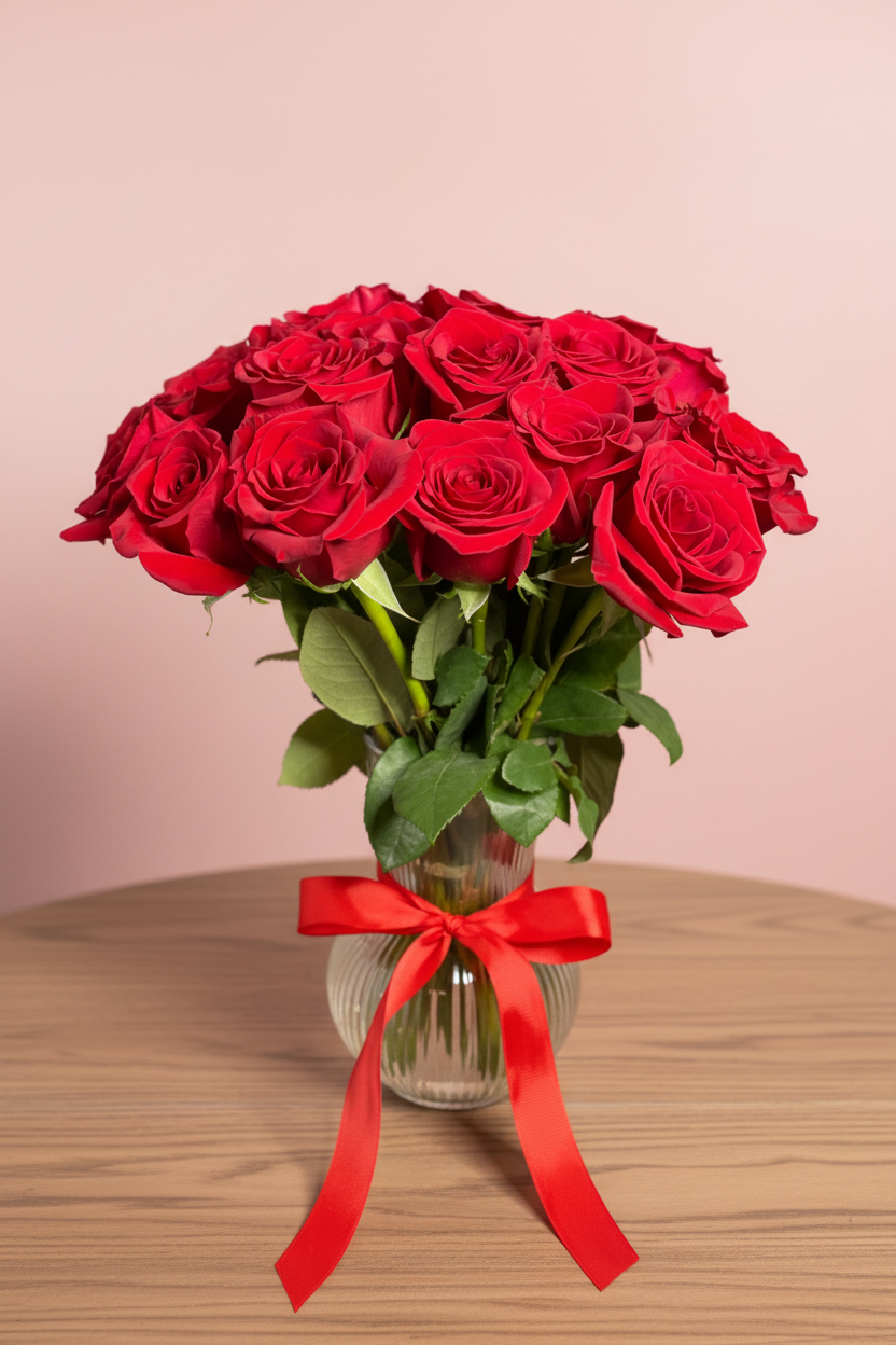 15 Red Roses in Glass Vase | Romantic Birthday and Anniversary Flowers | Elegant Home and Office Arrangement