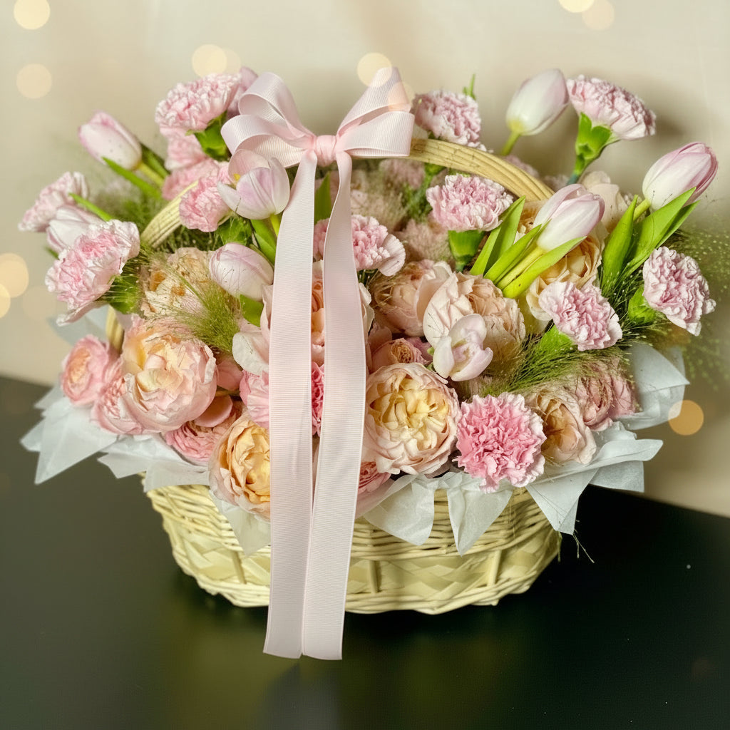 Pink Tulips & Juliata Flower Basket | Romantic Birthday Celebration Flowers | Soft Pastel Garden Arrangement