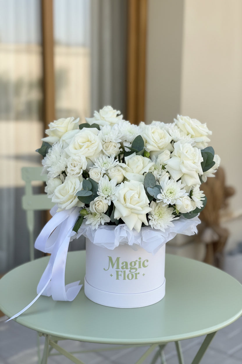 White Roses and Chrysanthemum Flower Box | Elegant Birthday and Sympathy Flowers | Luxury White Arrangement