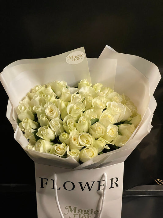 51 White Roses Bouquet | Elegant Anniversary and Wedding Flowers | Luxury Mono Rose Arrangement