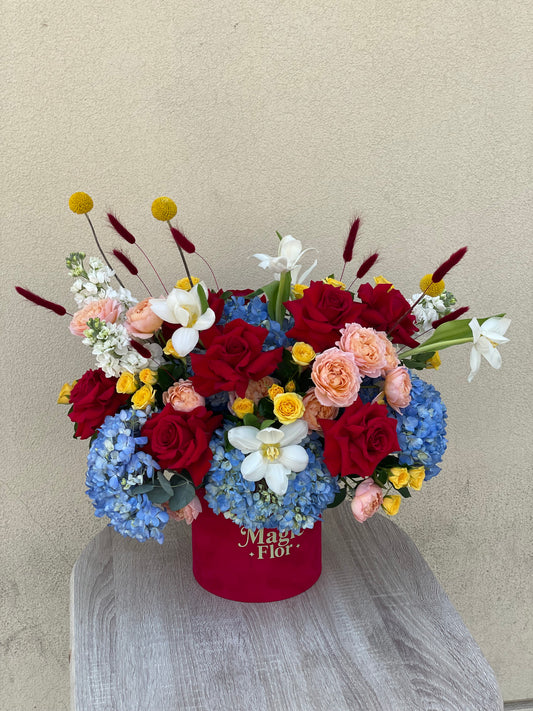 Royal Velvet Bloom | Colorful Composition | Blue and Yellow Flowers | Summer Flowers Box