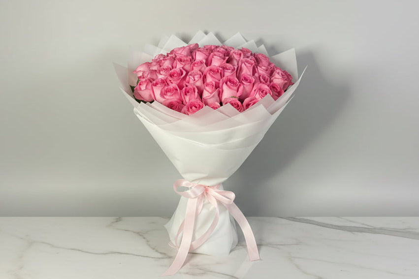 55 Pink Roses Bouquet | Romantic Birthday and Anniversary Flowers | Elegant White Wrapping