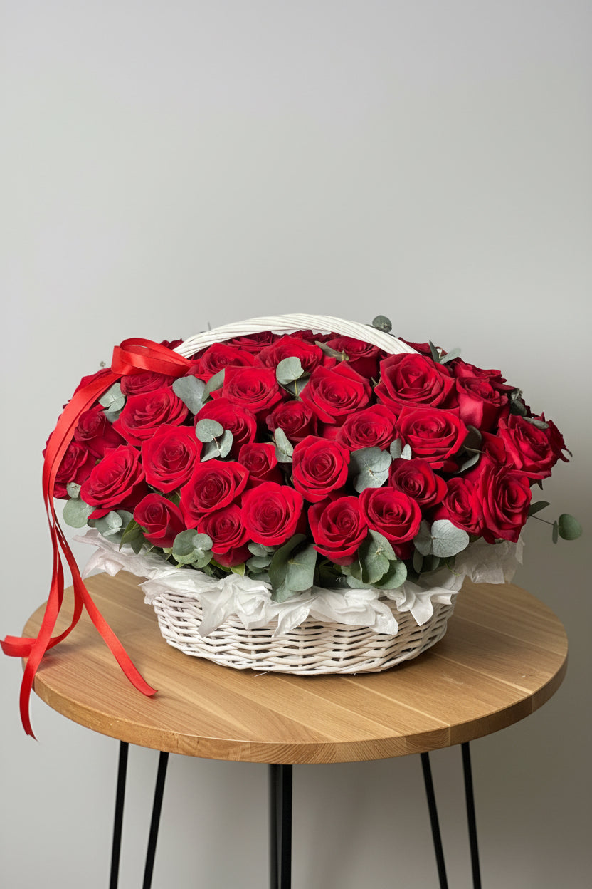 60 Red Roses in Basket