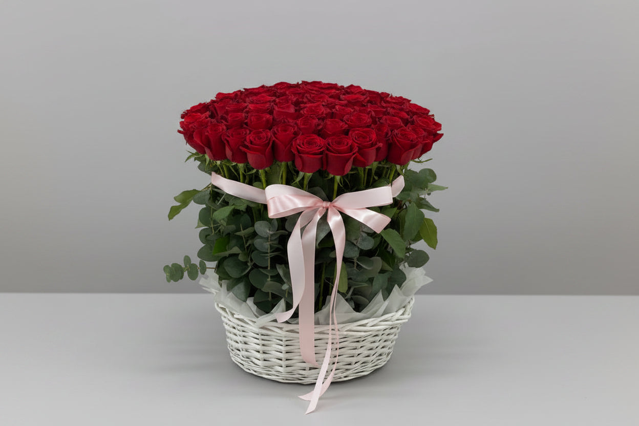 101 Red Roses Basket | Romantic Anniversary and Birthday Flowers | Round Wooden Arrangement