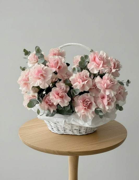 25 pink mondial reflexed roses basket arrangement by Magic Flor Dubai