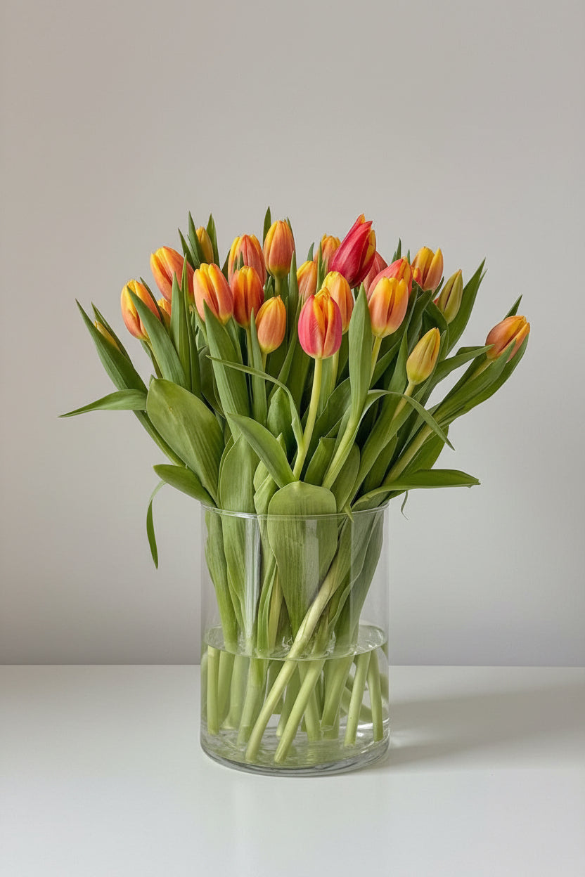 30 Orange Tulips in Glass Vase | Modern Birthday & Home Décor Flowers | Elegant Cylinder Arrangement