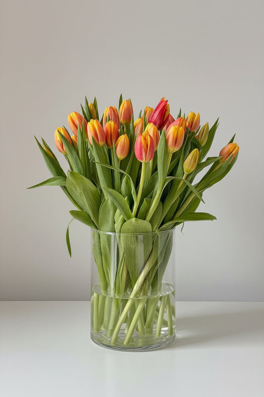 30 Orange Tulips in Glass Vase | Modern Birthday & Home Décor Flowers | Elegant Cylinder Arrangement