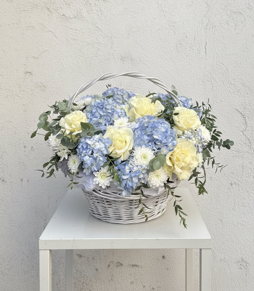White Roses Reflexed Blue Hydrangea Basket | Chrysanthemum Spray Flowers | Eucalyptus Luxury Arrangement